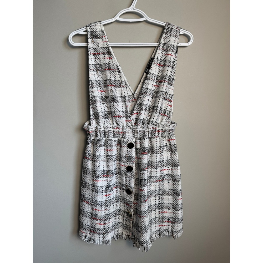 Zara Tweed Plaid Sleeveless Button Front Mini Dress Frayed Hem S Preppy Layering